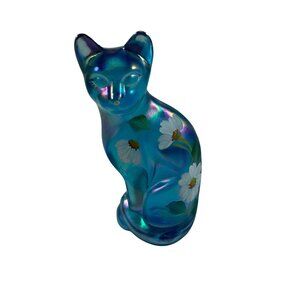 Fenton Celeste Blue Glass Sitting Cat Hand Painted Dancing Daisies Vintage 2004